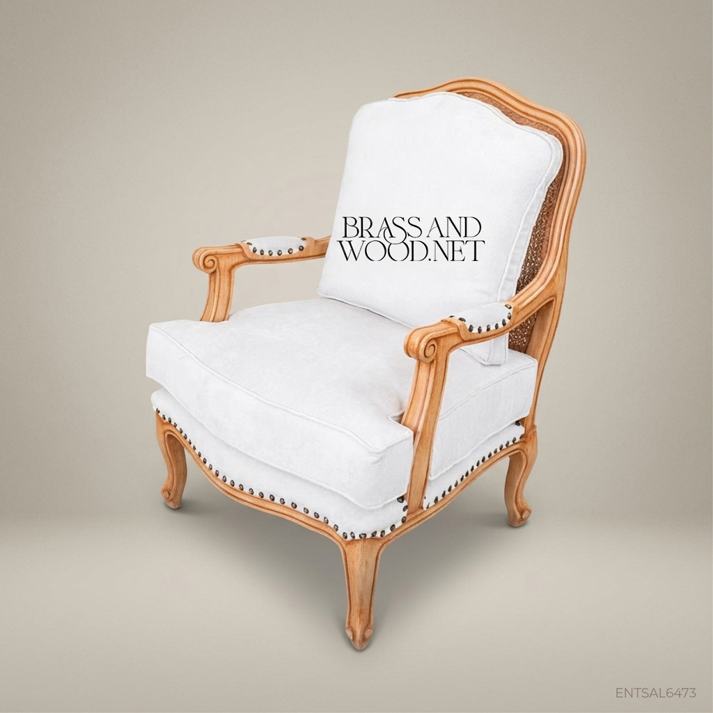 Louis XV Salon Armchair with Cane Back & Nailhead Linen Upholstery