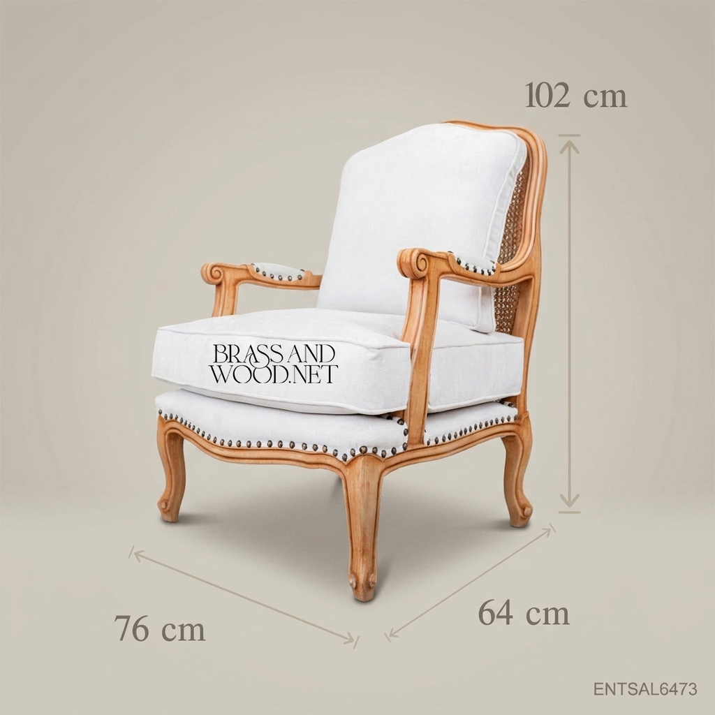 Louis XV Salon Armchair with Cane Back & Nailhead Linen Upholstery