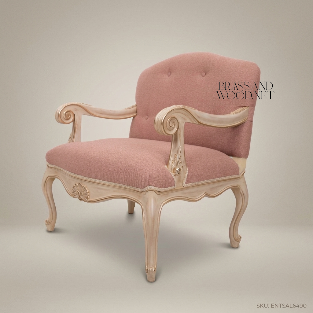 Louis XV Salon Armchair with Button-Tufted Back & Carved Ivory Frame