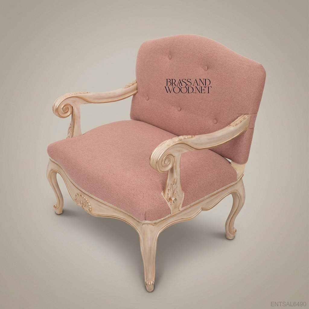 Louis XV Salon Armchair with Button-Tufted Back & Carved Ivory Frame