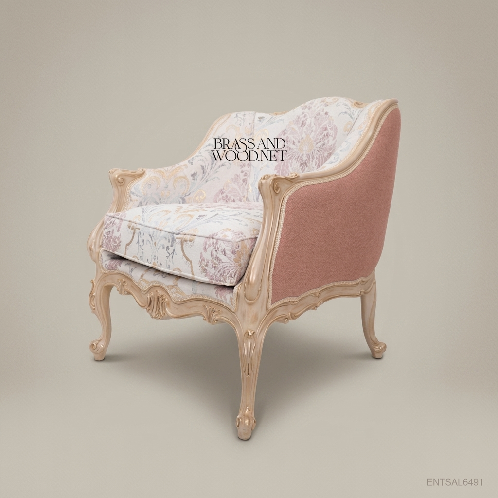 Louis XV Salon Armchair with Floral Damask Upholstery
