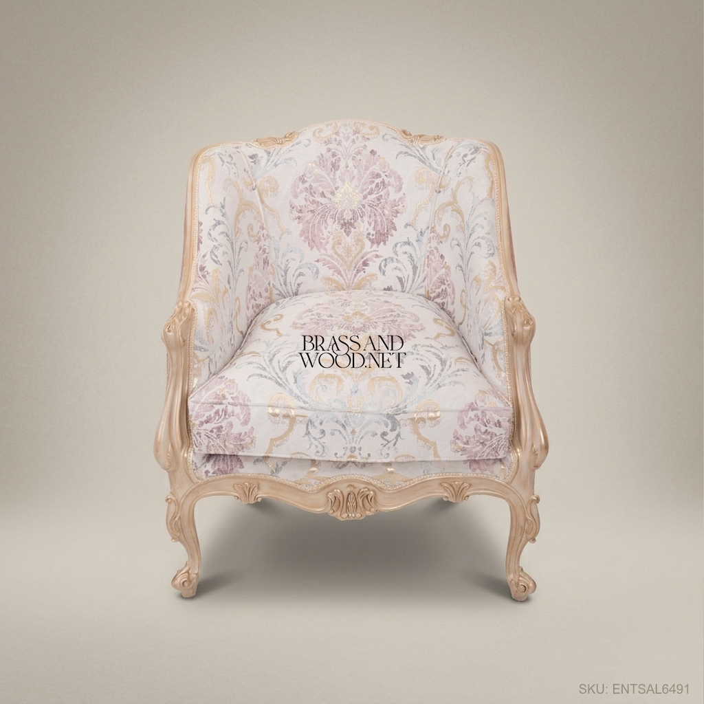 Louis XV Salon Armchair with Floral Damask Upholstery