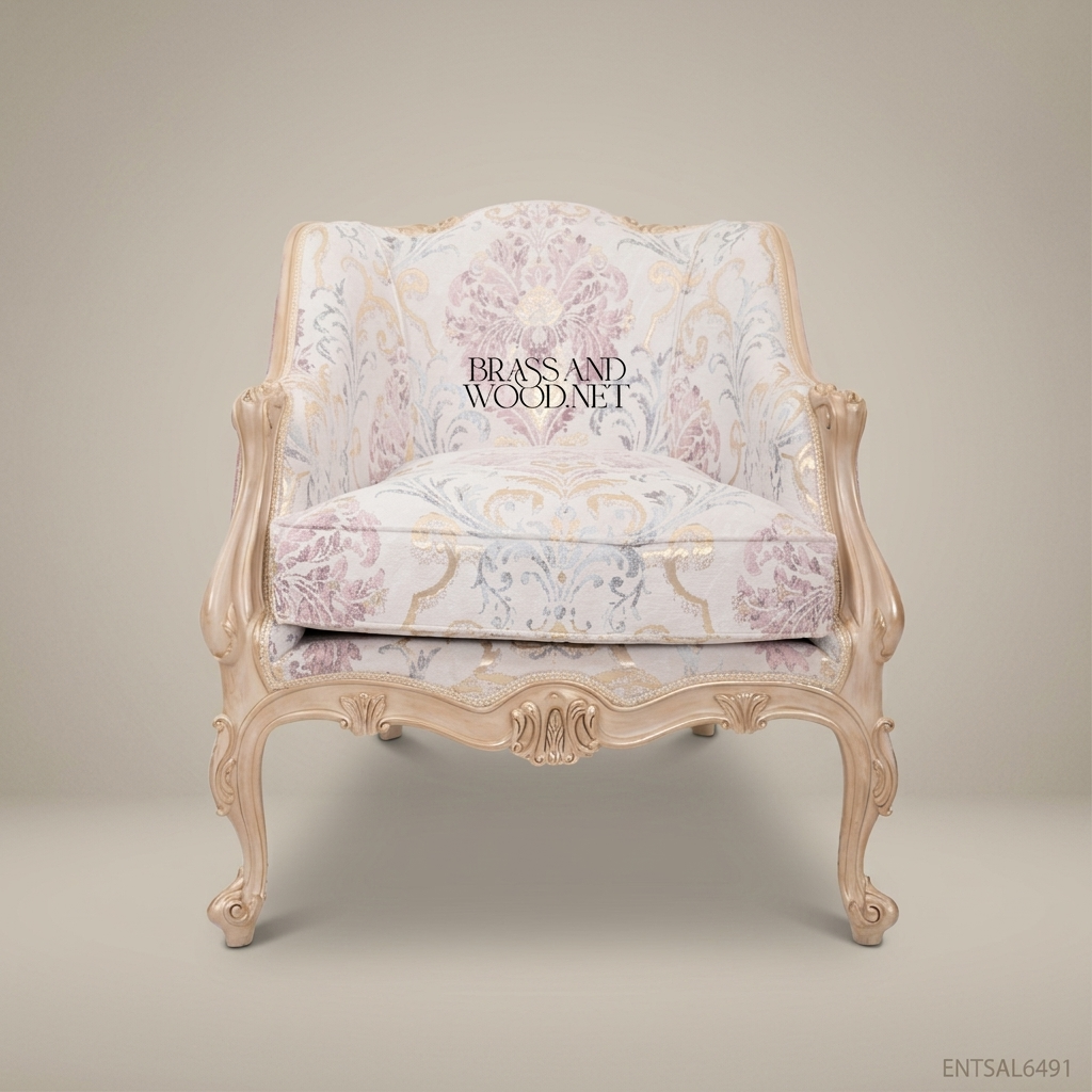 Louis XV Salon Armchair with Floral Damask Upholstery