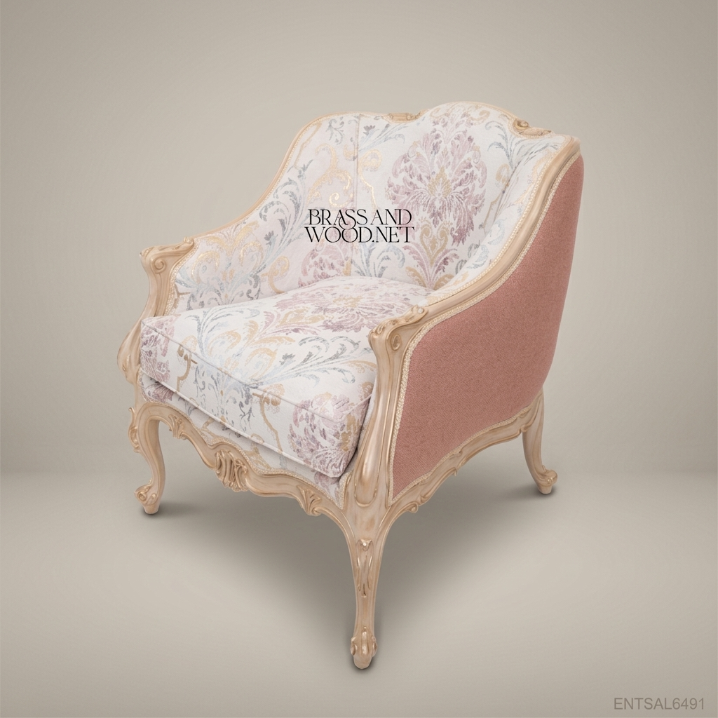 Louis XV Salon Armchair with Floral Damask Upholstery