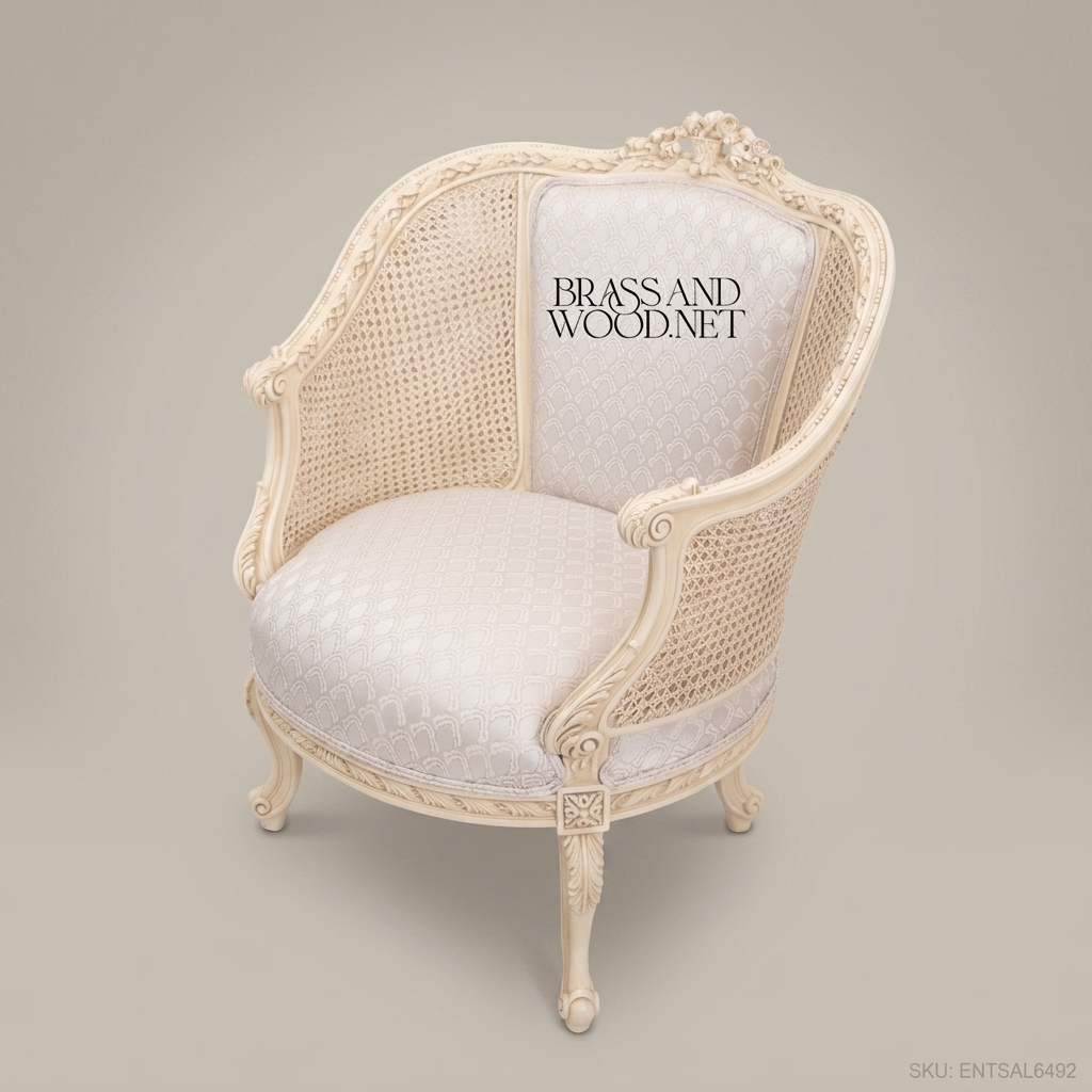 Louis XV Bergère Salon Chair with Cane Panels & Ivory Lacquer Frame
