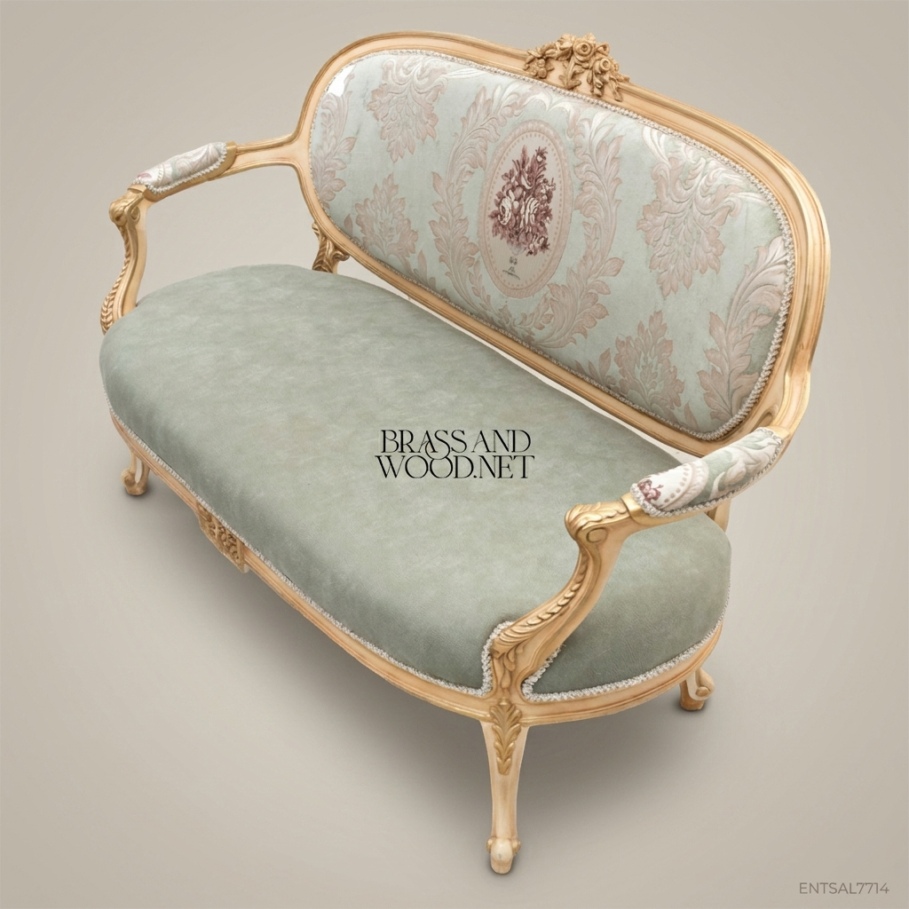 2-Seat Louis XV Damask Salon Sofa with Gilt Wood Frame