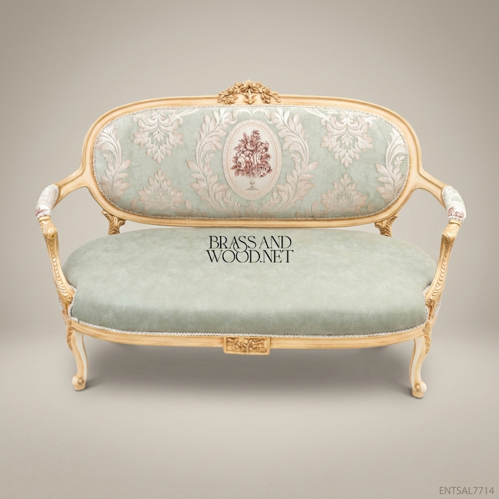 2-Seat Louis XV Damask Salon Sofa with Gilt Wood Frame