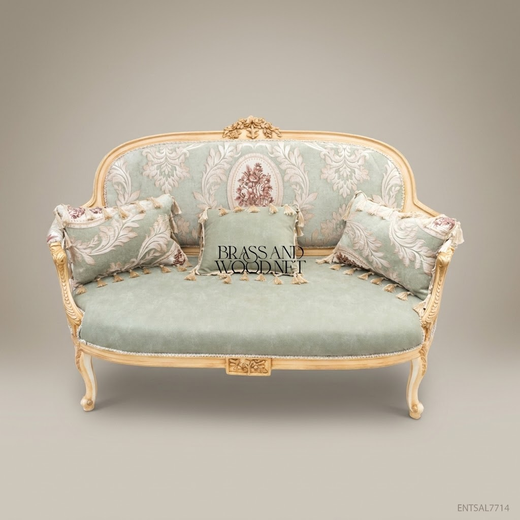 Louis XV Damask Salon Sofa with Gilt Wood Frame - 3 Persons