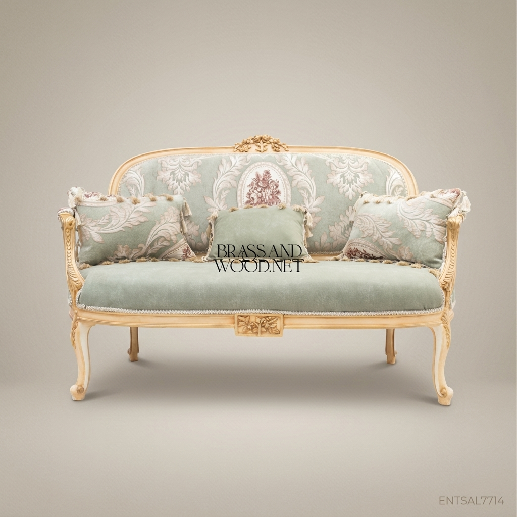 Louis XV Damask Salon Sofa with Gilt Wood Frame - 4 Persons