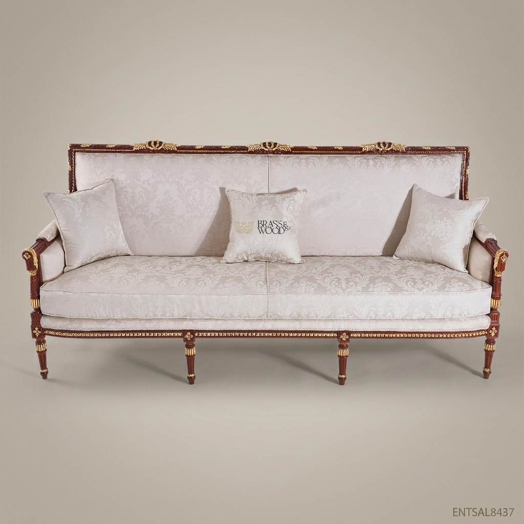 3-Seat Louis XVI Damask Salon Sofa with Gilt Wood Frame