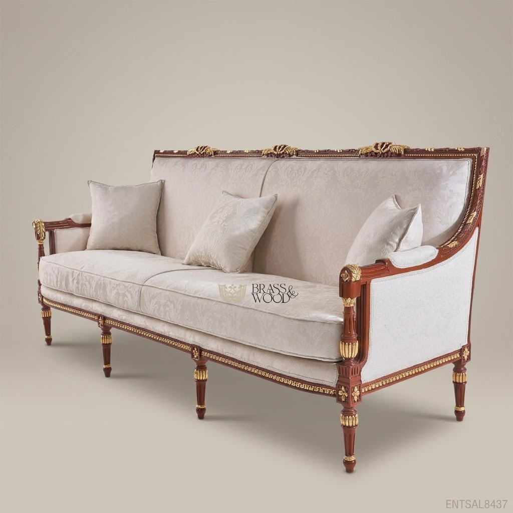 3-Seat Louis XVI Damask Salon Sofa with Gilt Wood Frame