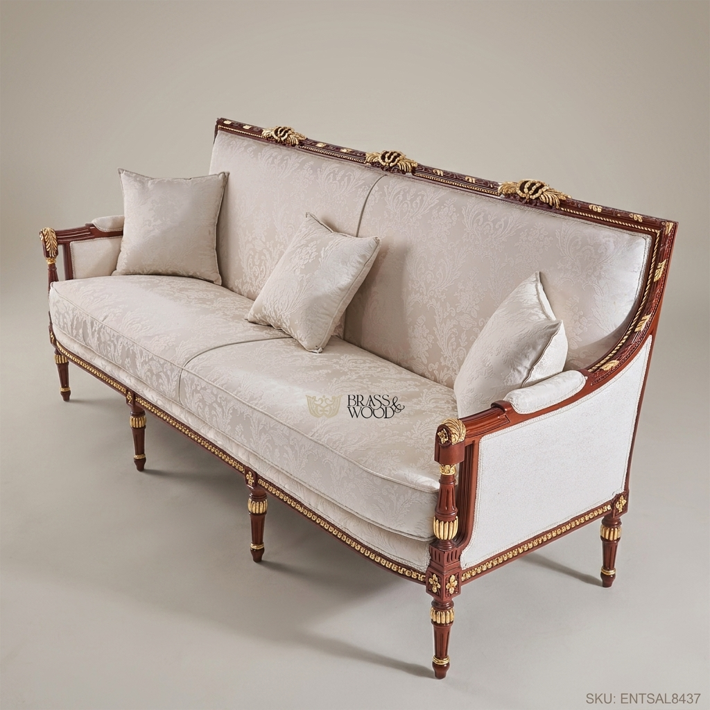 3-Seat Louis XVI Damask Salon Sofa with Gilt Wood Frame