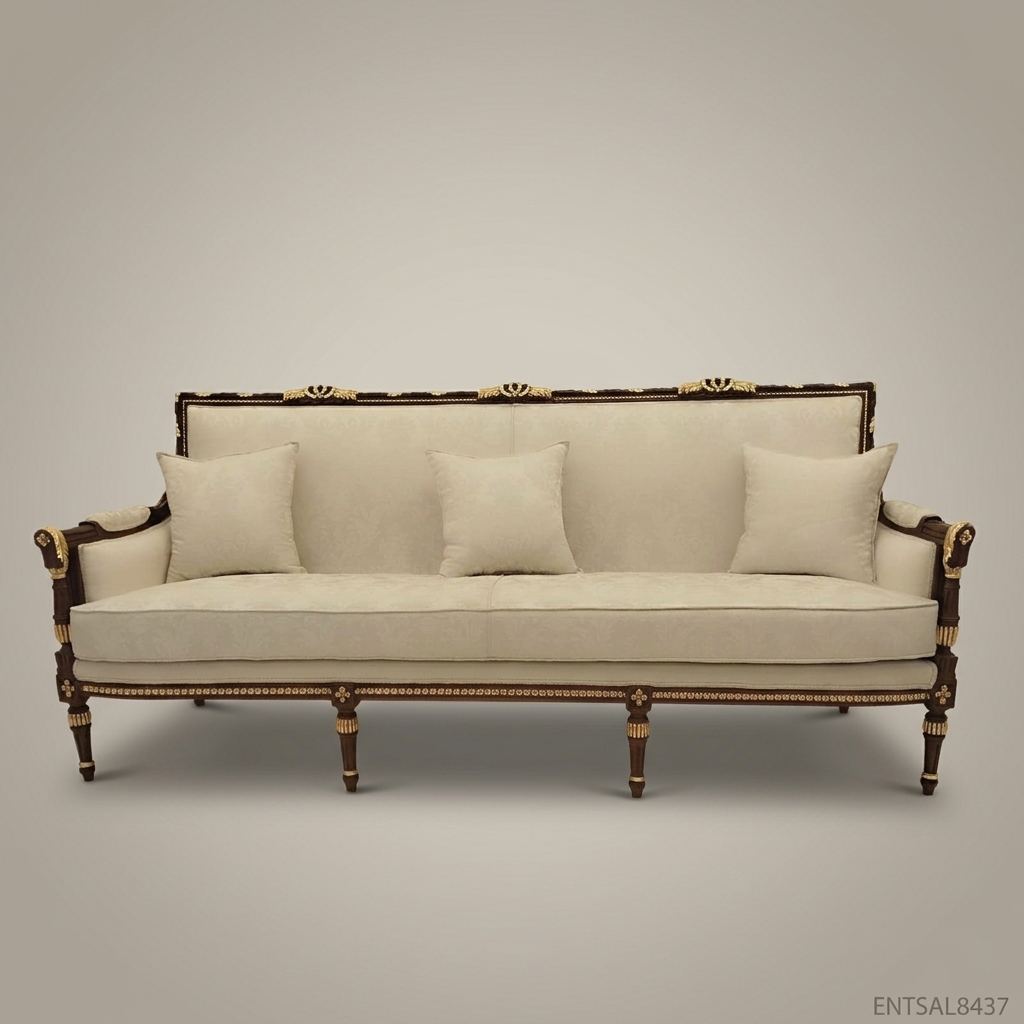 3-Seat Louis XVI Damask Salon Sofa with Gilt Wood Frame