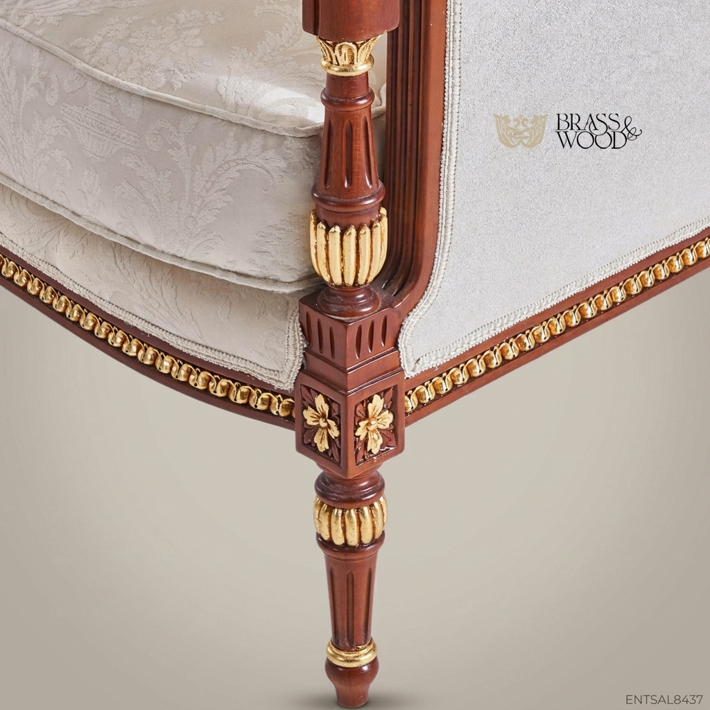 3-Seat Louis XVI Damask Salon Sofa with Gilt Wood Frame