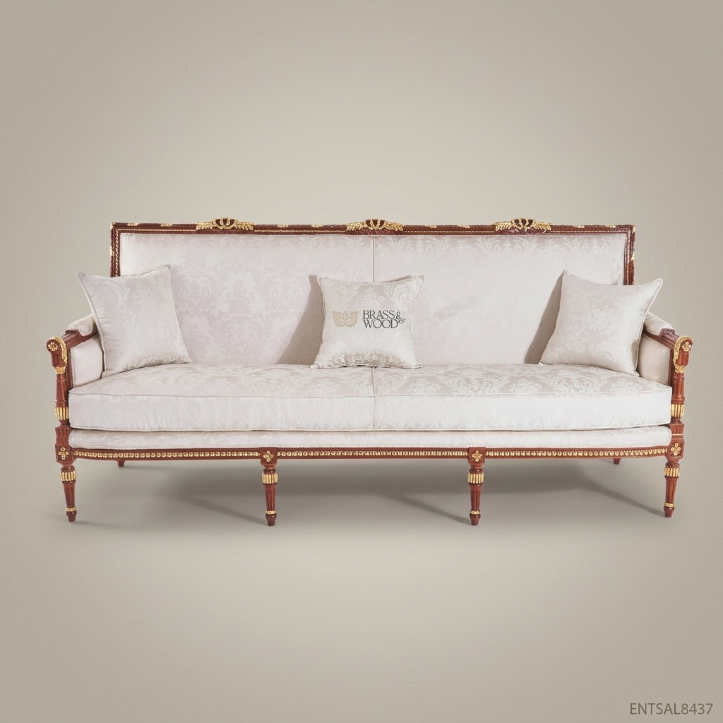 2-Seat Louis XVI Gilded Salon Sofa – Ivory Damask