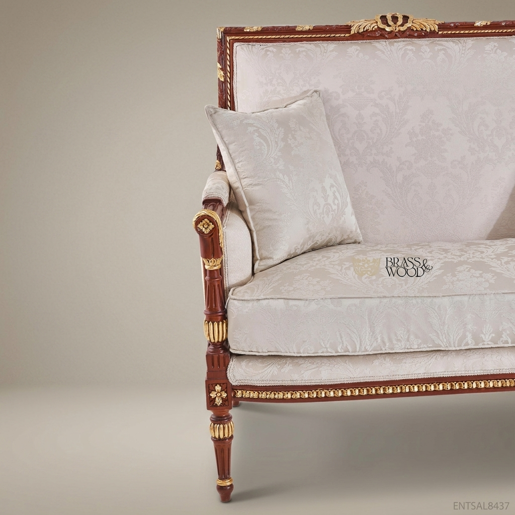 2-Seat Louis XVI Gilded Salon Sofa – Ivory Damask