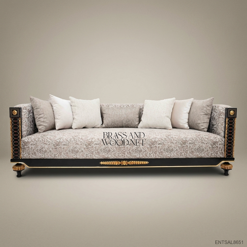 4-Seat Empire Salon Sofa with Gilt Wood & Damask Upholstery