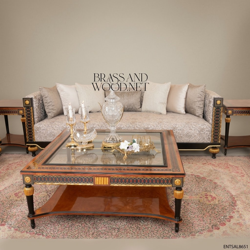 4-Seat Empire Salon Sofa with Gilt Wood & Damask Upholstery