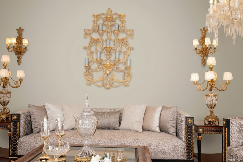 4-Seat Empire Salon Sofa with Gilt Wood & Damask Upholstery