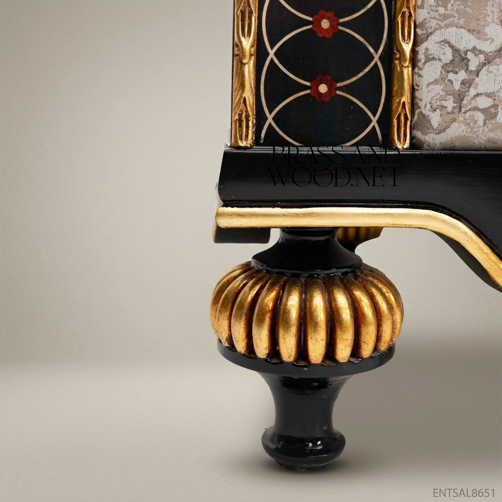 4-Seat Empire Salon Sofa with Gilt Wood & Damask Upholstery