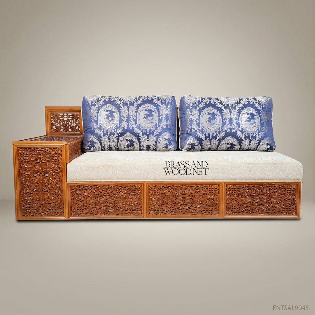 4-Seat Ornate Carved Wood Classical Salon Sofa with Brocade Cushions