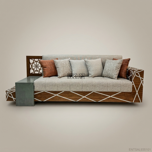 4-Seat Contemporary Geometric Hardwood & Linen Salon Sofa