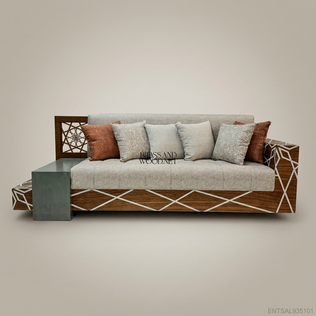 2-Seat Contemporary Salon Sofa with Geometric Wood Inlay