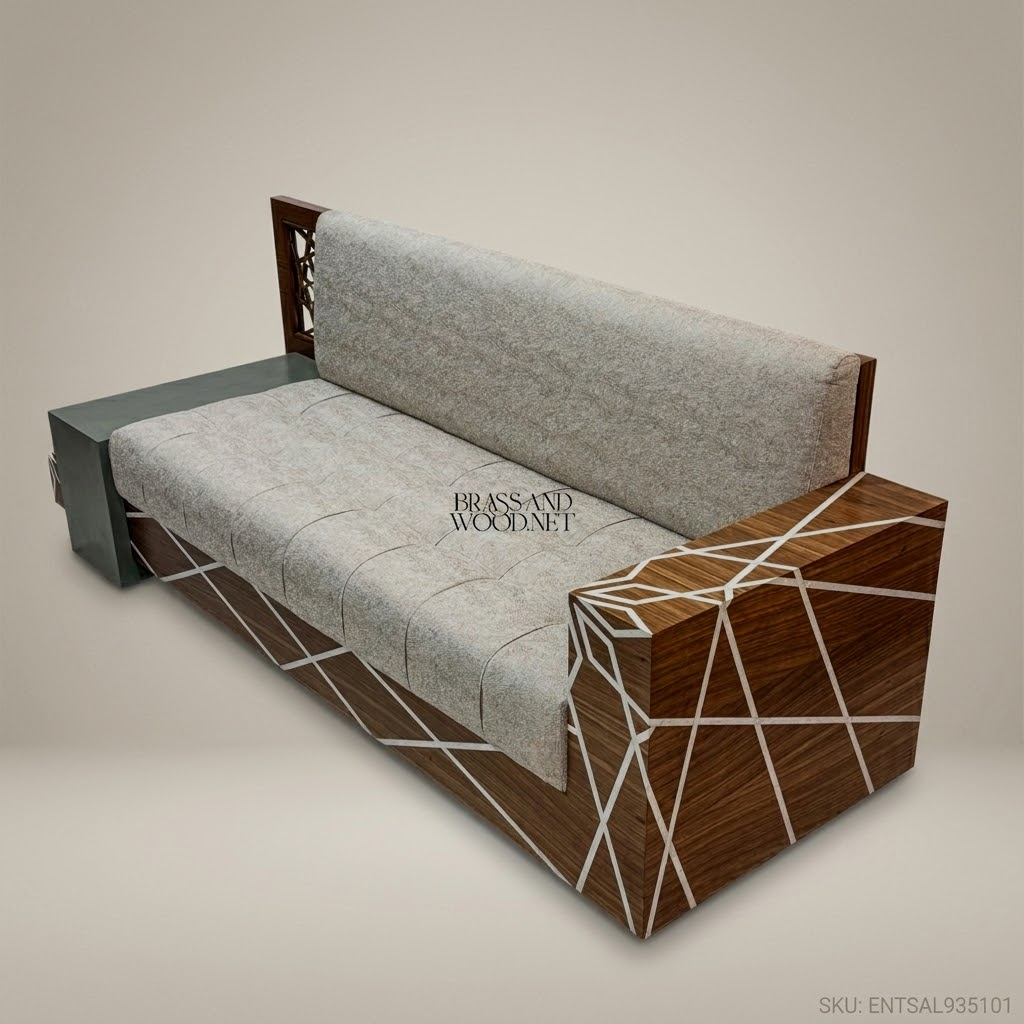 2-Seat Contemporary Salon Sofa with Geometric Wood Inlay