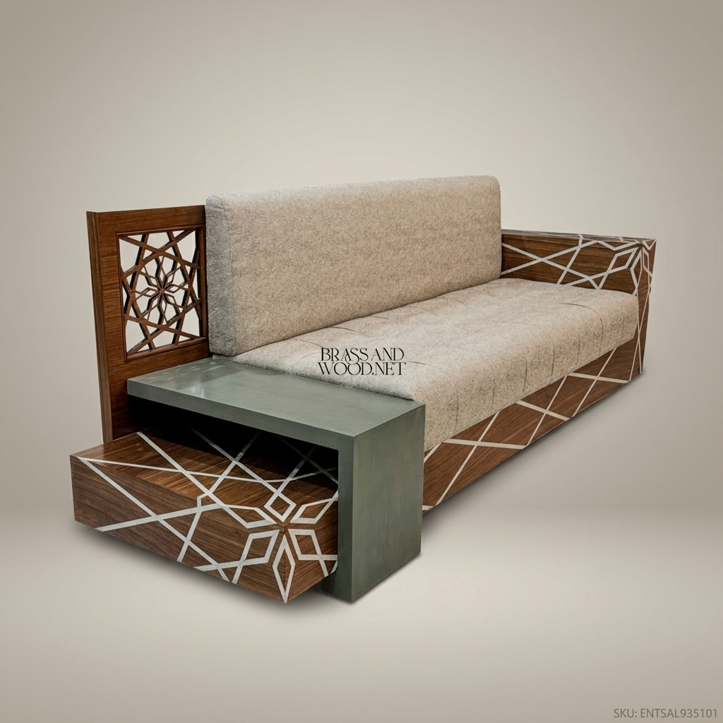2-Seat Contemporary Salon Sofa with Geometric Wood Inlay