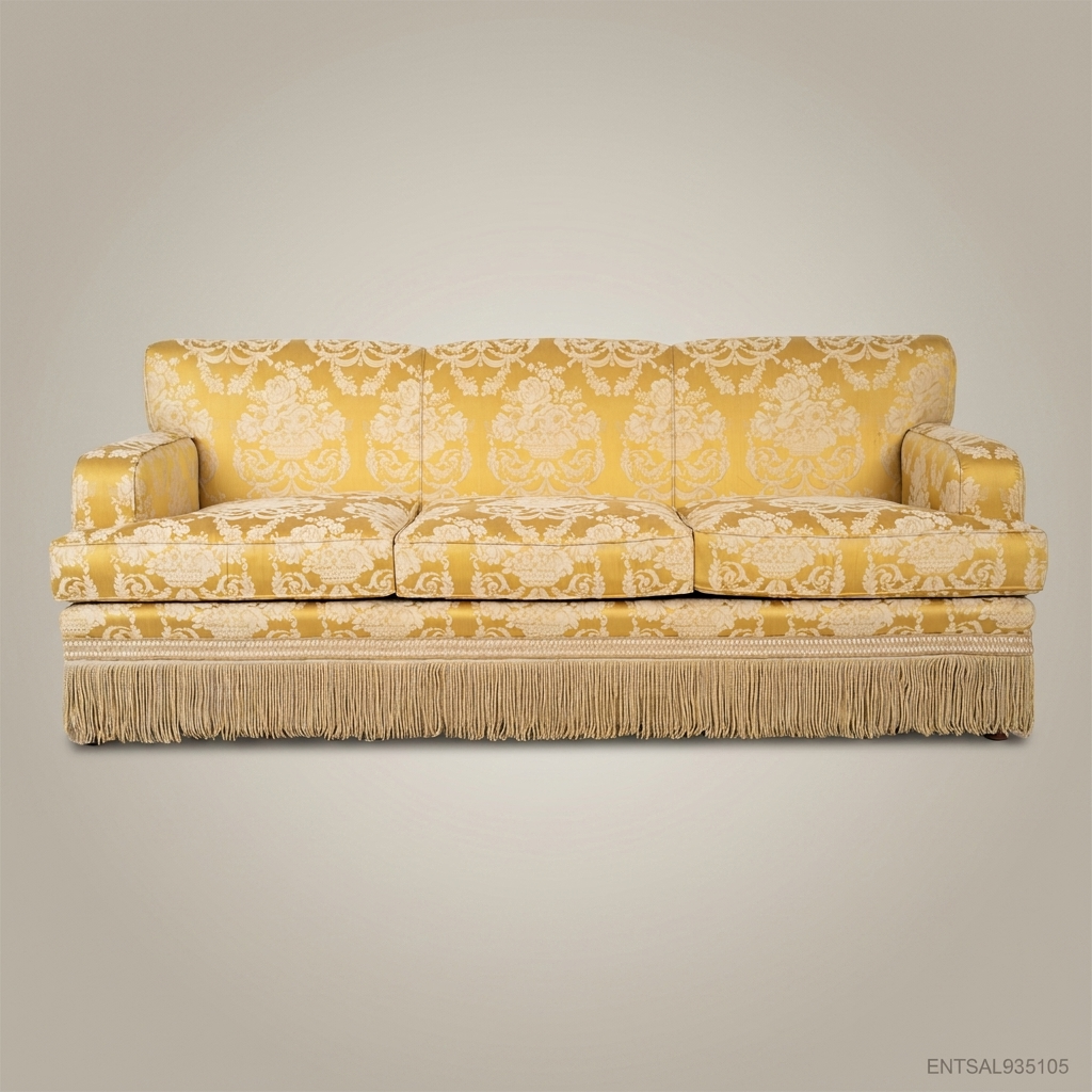 3-Seat Baroque Damask Salon Sofa with Fringe Trim