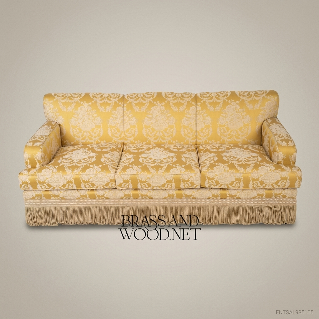 3-Seat Baroque Damask Salon Sofa with Fringe Trim
