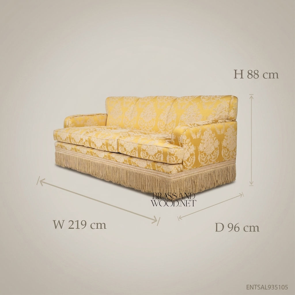 3-Seat Baroque Damask Salon Sofa with Fringe Trim
