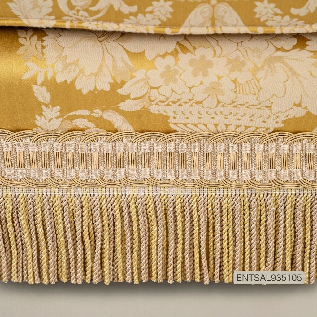 3-Seat Baroque Damask Salon Sofa with Fringe Trim