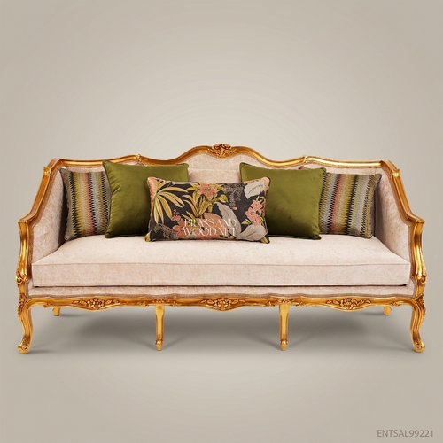 3-Seat Louis XV Gilded Salon Sofa – Champagne Velvet