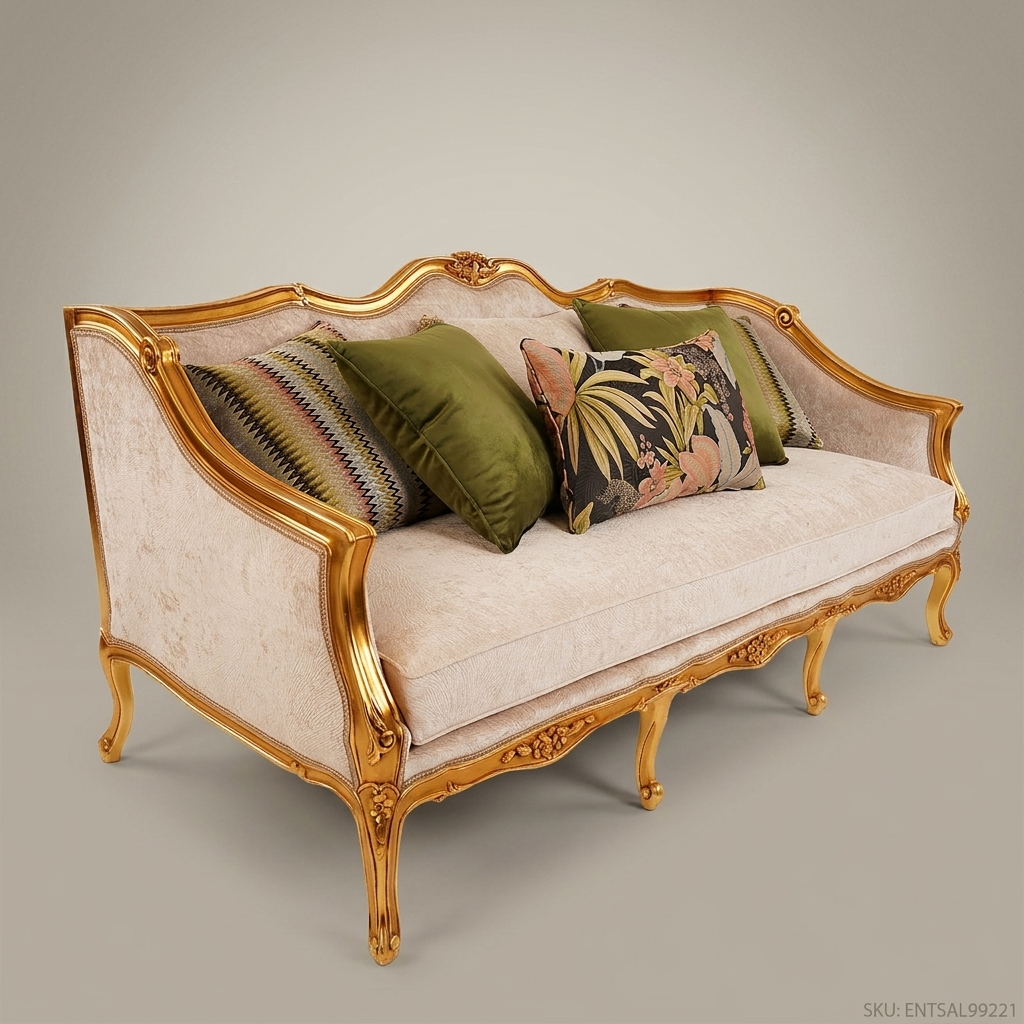 3-Seat Louis XV Gilded Salon Sofa – Champagne Velvet