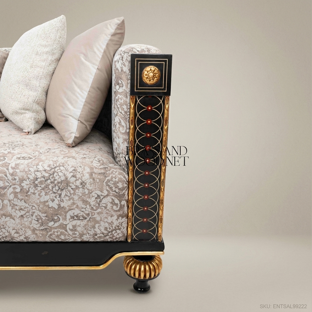 3-Seat Empire Salon Sofa with Gilt Wood & Burl Veneer