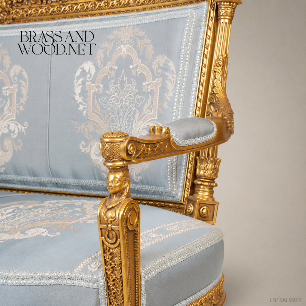 Louis XVI Gilt Carved Salon Set with Black Marble Tables