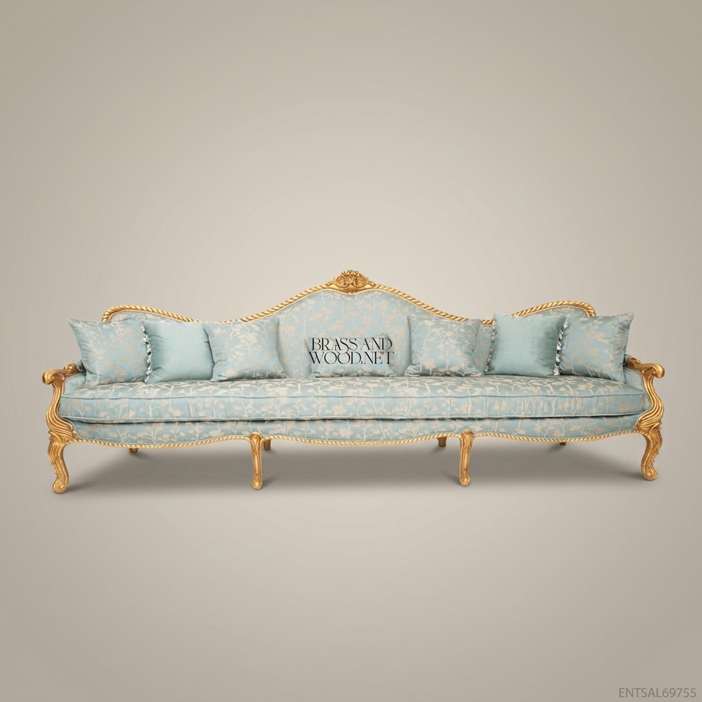 2-Seat Louis XV Gilded Salon Sofa in Sky-Blue Damask