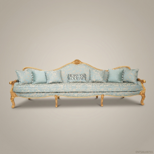 2-Seat Louis XV Gilded Salon Sofa in Sky-Blue Damask