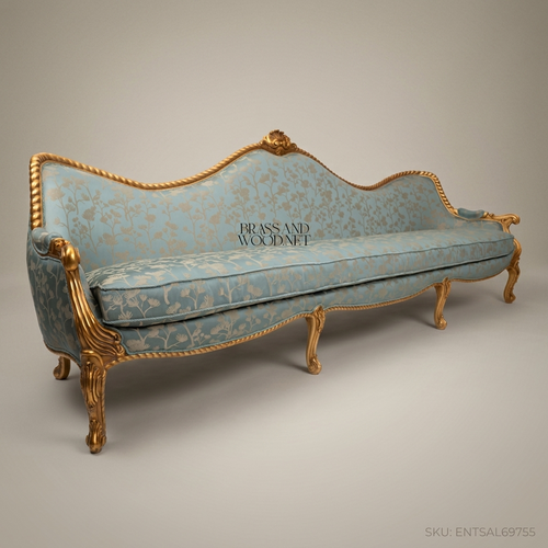 2-Seat Louis XV Gilded Salon Sofa in Sky-Blue Damask