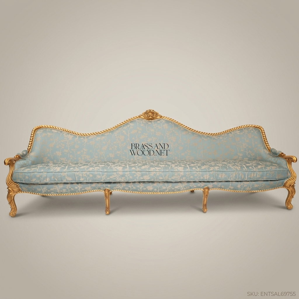 2-Seat Louis XV Gilded Salon Sofa in Sky-Blue Damask
