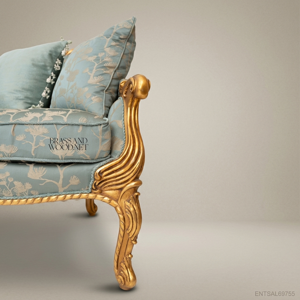 2-Seat Louis XV Gilded Salon Sofa in Sky-Blue Damask