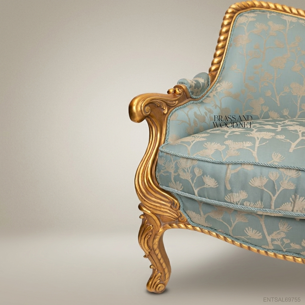 2-Seat Louis XV Gilded Salon Sofa in Sky-Blue Damask