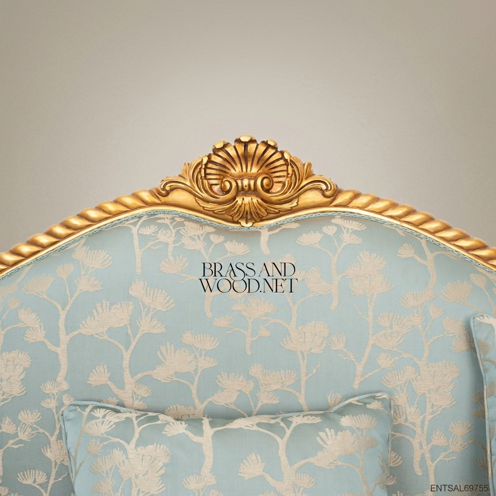2-Seat Louis XV Gilded Salon Sofa in Sky-Blue Damask