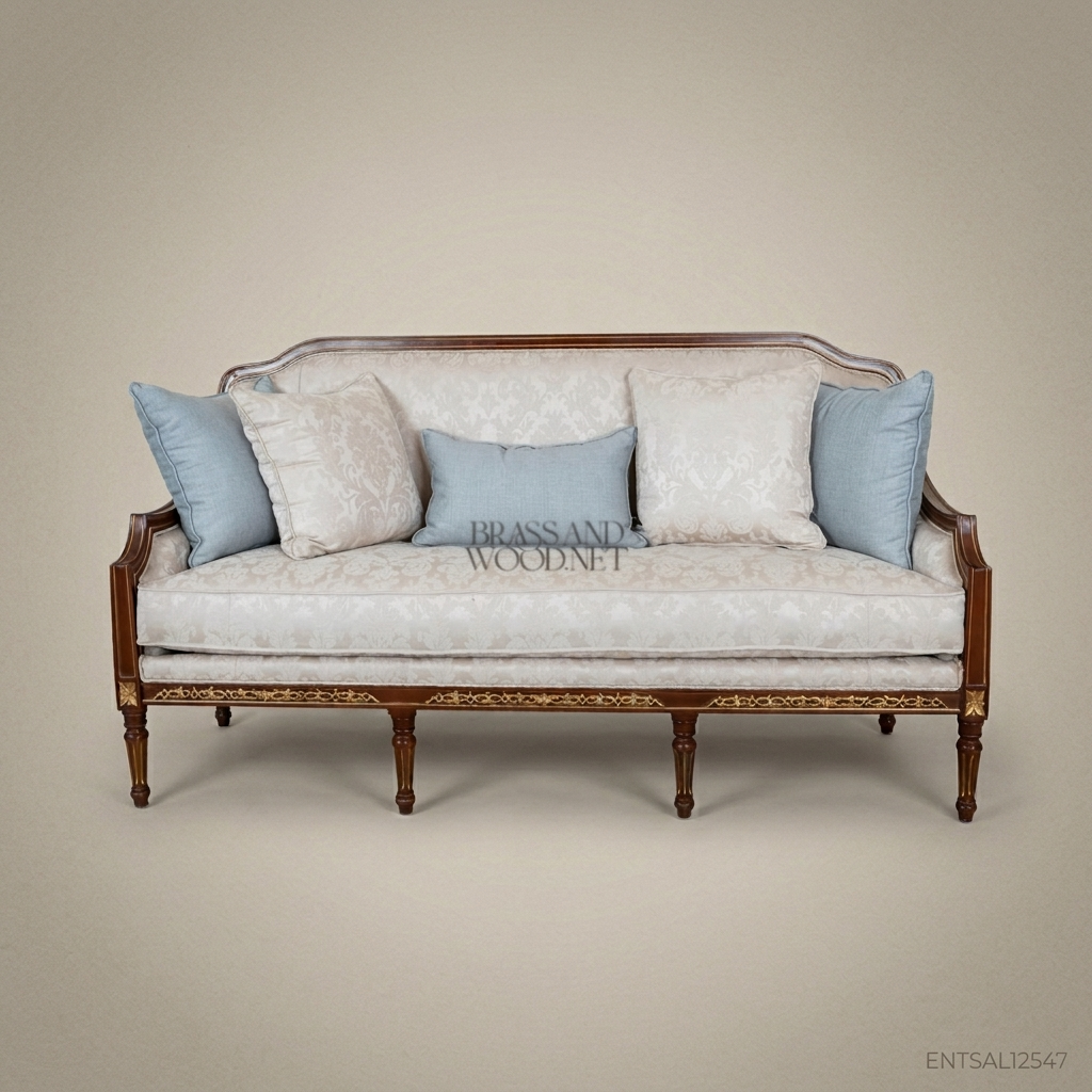 2-Seat Louis XVI Damask Salon Sofa with Gilt Wood Frame