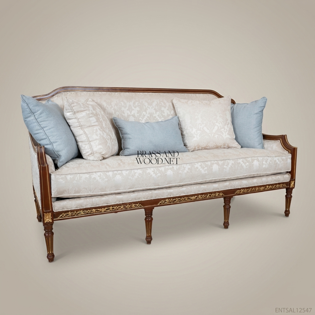 2-Seat Louis XVI Damask Salon Sofa with Gilt Wood Frame