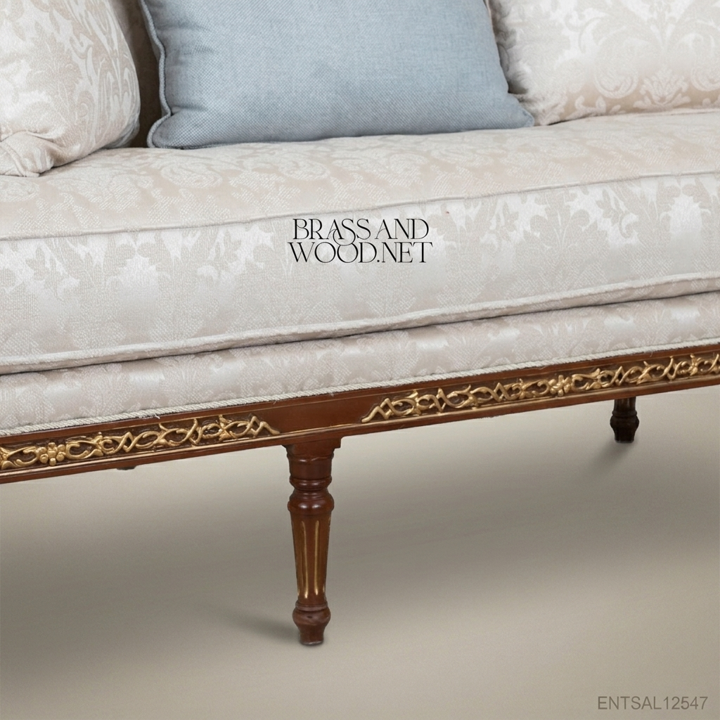 2-Seat Louis XVI Damask Salon Sofa with Gilt Wood Frame