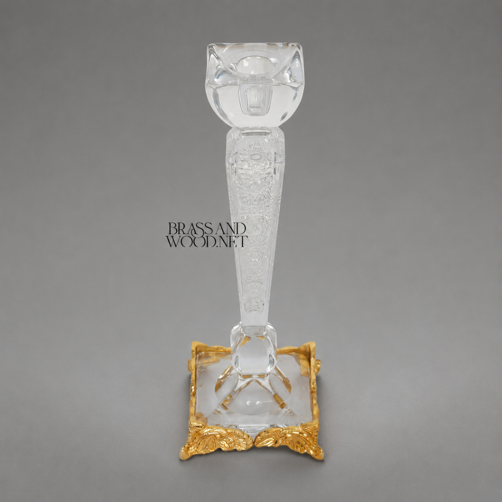 Ornate Crystal Candlestick Holder with Gold Base