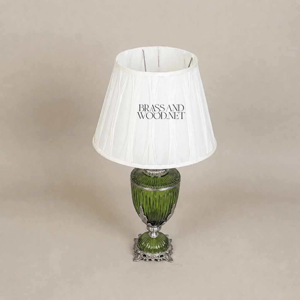 Classical Ribbed Green Glass Urn Table Lamp with Ornate Brass Acanthus Base — Silver