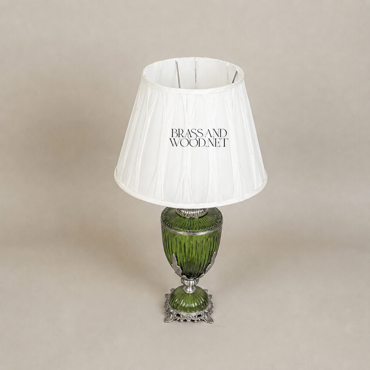 Classical Ribbed Green Glass Urn Table Lamp with Ornate Brass Acanthus Base — Silver